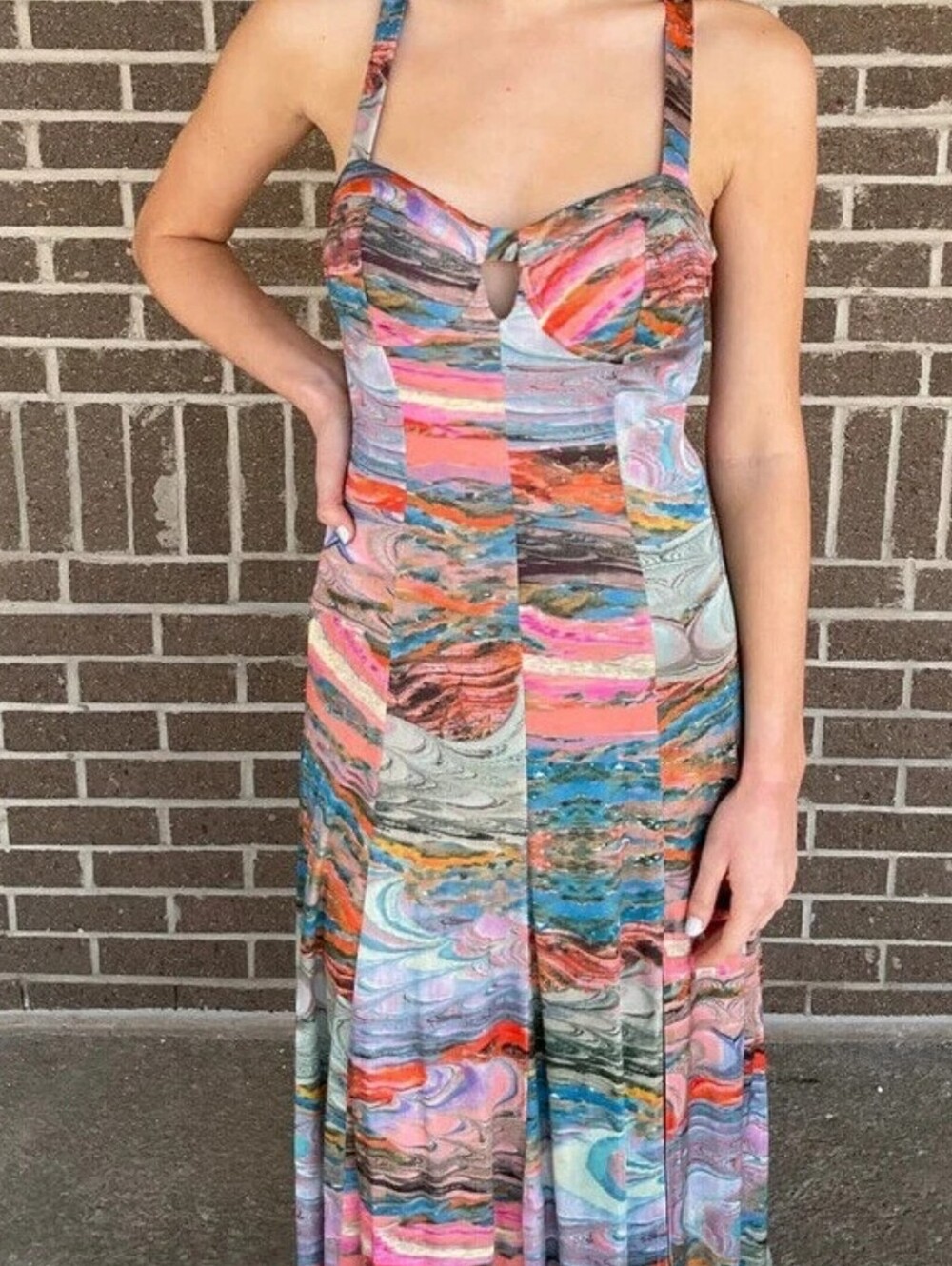 Free People Festival Jade Marble-Print Maxi Dress - Sleeveless Keyhole Front